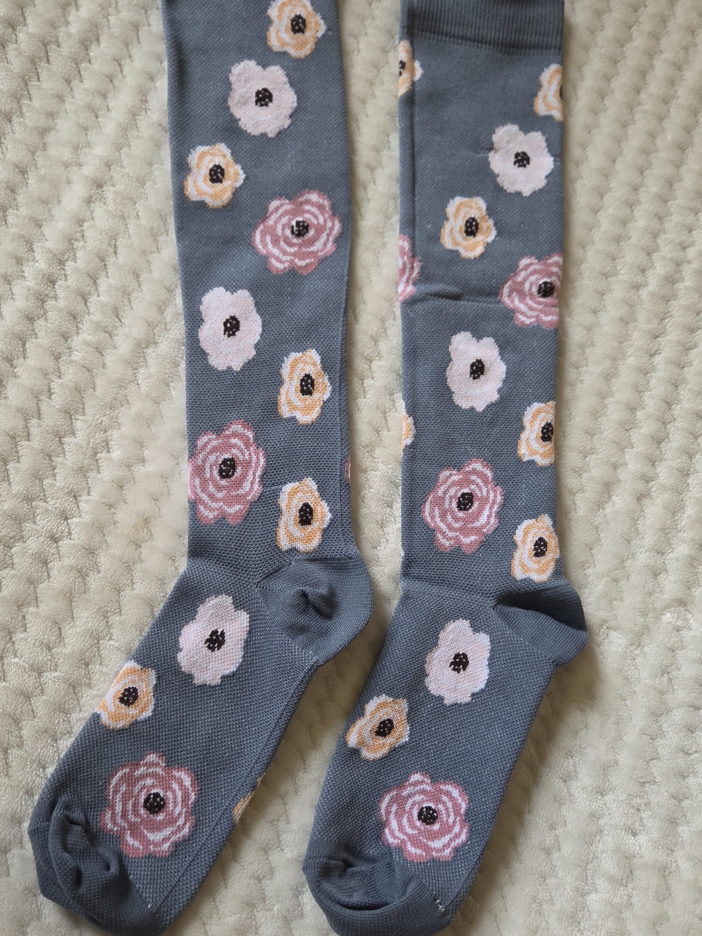 New Floral Knee High Compression Socks Gray Pink Peach Flowers S/M